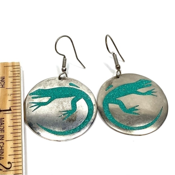 Alpaca Mexico Earrings Dangles Artisan Vintage Lizard Inlaid Turquoise - Picture 3 of 11